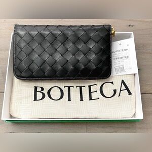 Bottega Veneta Black Intrecciato Leather Zip Around Wallet